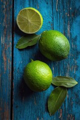 Two whole limes and a lime wedge, accompanied by vibrant green leaves, rest on a rustic, teal-blue wooden surface