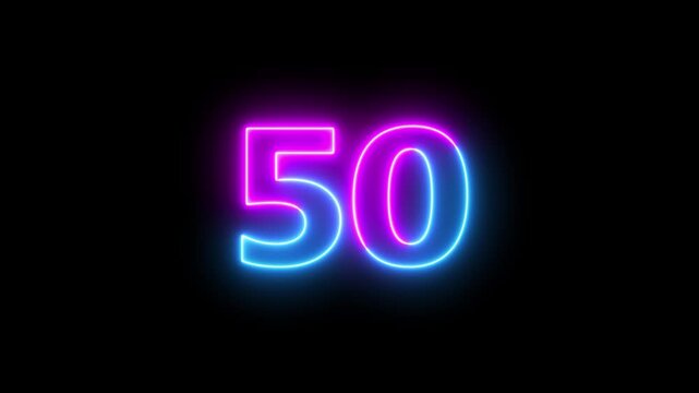 Abstract glowing neon text 50 number countdown icon. Glowing sign on black background Neon number 50 with alpha channel, neon numbers, Appears and disappears. Fiery style. 4k.