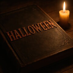 The mystical allure of Halloween captured in a captivating photo. The antique leather-bound book is the centerpiece with a candle's gentle glow bathing the scene in an air of intrigue and mystery.