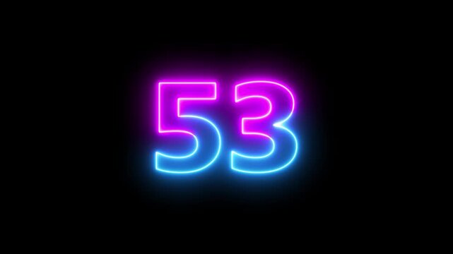 Abstract glowing neon text 53 number countdown icon. Glowing sign on black background Neon number 53 with alpha channel, neon numbers, Appears and disappears. Fiery style. 4k.
