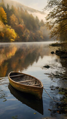 Fototapeta premium A wooden boat on a quiet autumn lake