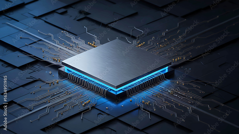 Wall mural futuristic central processor unit glowing with blue light on a dark circuit board. concept of advanc