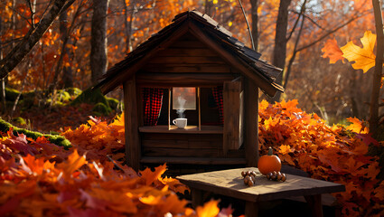A cozy cabin in an autumn forest