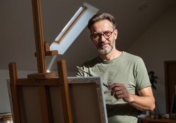 The artist stands in his studio, holding his brushes and ready to create a masterpiece.