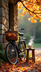Fototapeta premium An autumn mood: a bicycle and a hot drink