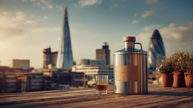 Craft gin infusion barrel with London skyline backdrop featuring the Shard
