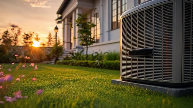 Sunset Serenity: Air Conditioning Unit in a Lush Garden