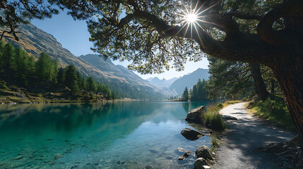 Majestic alpine lake with sunburst through pine branches and mountain backdrop turquoise water pine trees