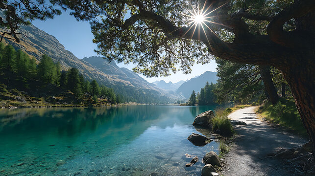 Majestic alpine lake with sunburst through pine branches and mountain backdrop turquoise water pine trees - Powered by Adobe