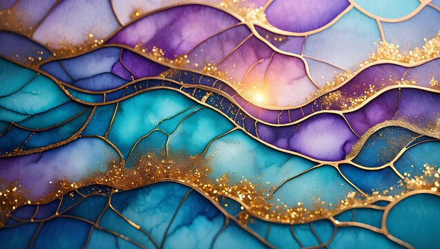 Abstract Teal Purple Gold Glitter Watercolor Texture Background
