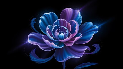Fototapeta premium Bioluminescent Blue and Purple Flower on Black Background