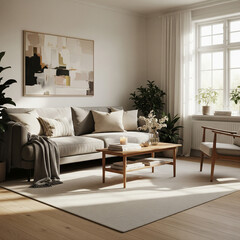 Fototapeta premium Minimalist Home Interior: A cozy, minimalist living room with neutral tones, Scandinavian-style furniture, a plush sofa with throw pillows, a coffee table with books and a candle, warm sunlight filter