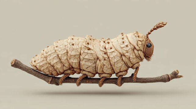 Detailed view of a beige bagworm moth larva on a twig showcasing defoliation effects