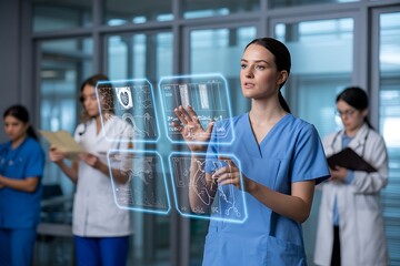 Doctors analyze holographic medical data in modern hospital, envisioning innovative healthcare solutions with teamwork