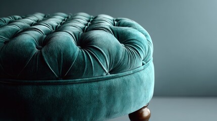 Explore the elegance of a teal velvet ottoman with subtle tufting and luxurious detail