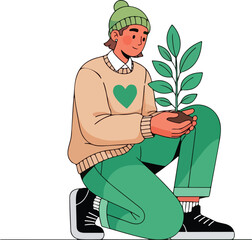 Man holding a plant, symbolizing love for nature and environment