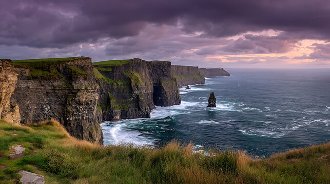 Majestic coastal cliffs meet turbulent ocean under dramatic twilight sky waves sea stacks