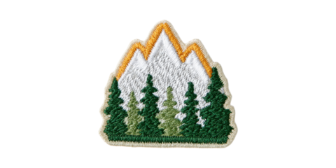 Embroidered Mountain Patch With Forest Design. Outdoor Adventure And Nature Exploration Symbol Isolated On Transparent Background