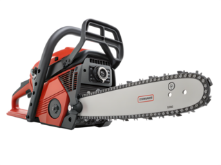 Modern new motor chain saw front side view isolated on AI generated by PNG