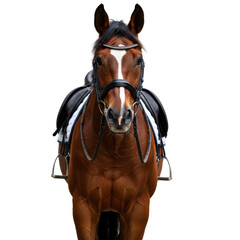 Fototapeta premium Magnificent brown horse in full tack, posing for a head-on portrait against a black backdrop.