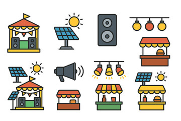 Outdoor Solar Powered Festival Icons Colored Flat Design Vector Set