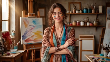 A smiling female artist with paint on her face stands with a brush in a bright, rustic studio filled with canvases and art supplies.