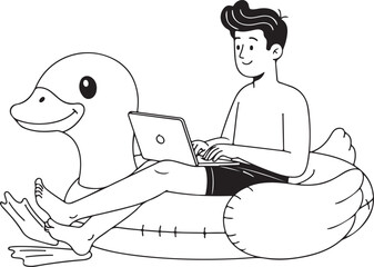Man working on laptop while floating on inflatable duck in swimming pool