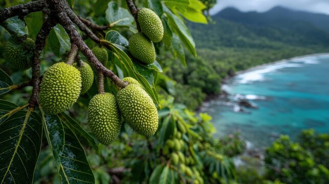 Spiny green pods of the tropical breadfruit tree against a coastal rainforest in Samoa