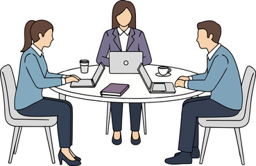 Obraz premium Business Meeting Illustration of Three Professionals Collaborating with Laptops Around a Round Table for Corporate Strategy and Development
