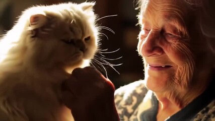 Elderly woman with Alzheimer’s smiles as her cat rubs against her in morning light – touching memory trigger and pet therapy scene