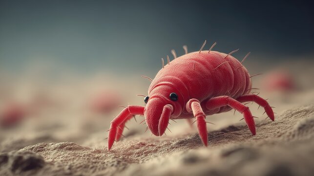 Stylized red Sarcoptes scabiei burrows into pale skin showing signs of scabies infestation