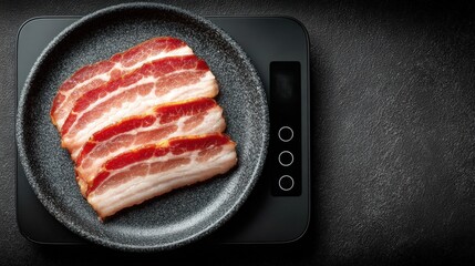 Thick-cut bacon rashers measured on a digital kitchen scale in modern kitchen setting