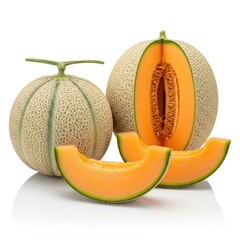 Whole and sliced cantaloupe melon, isolated on white background