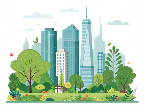 Modern urban skyline with greenery on AI generated by PNG