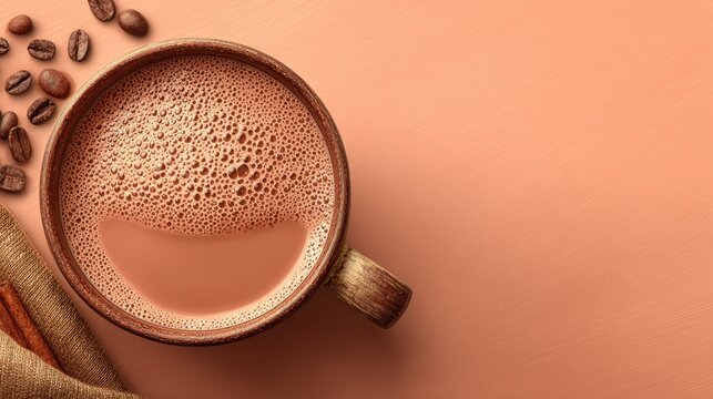 Colombian chocolate con leche served in a rustic mug on a peach background