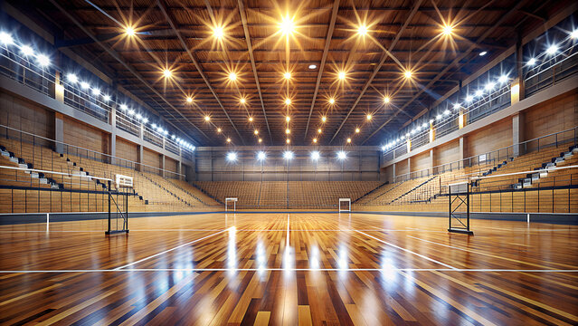 Empty brightly lit indoor sports arena with polished wooden floor and tiered seating under stadium lights