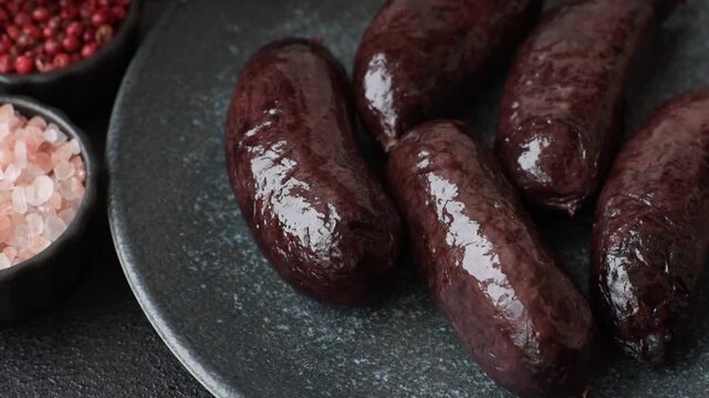 Blood sausage, pudding, meat food with lard and spices. Blood sausage cooked on the grill for dinner