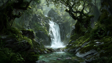 Fototapeta premium Lush jungle waterfall cascading into a clear pool surrounded by mossy rocks and ancient trees forest