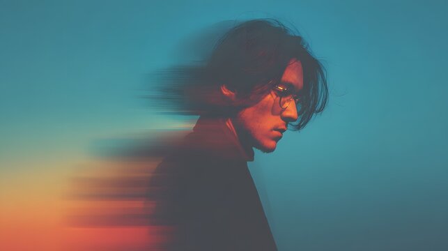 Blurry portrait of a person with dark hair against a blue and orange background.