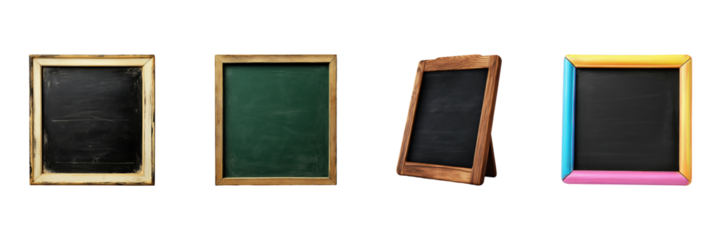 Four Diverse Chalkboards With Wooden Frames. Versatile Educational And Decorative Tools Isolated On Transparent Background