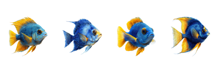 Four Vibrant Blue And Yellow Fish. Marine Life And Aquatic Beauty Isolated On Transparent Background