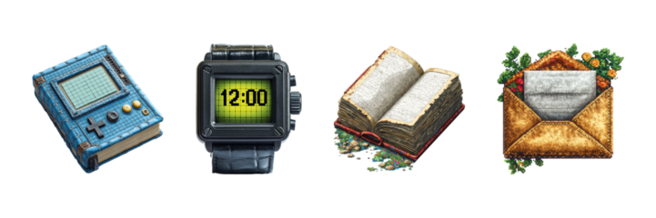 Pixel Art Collection: Retro Gaming Book, Digital Watch, Open Book, And Floral Envelope. Nostalgic And Creative Design Isolated On Transparent Background