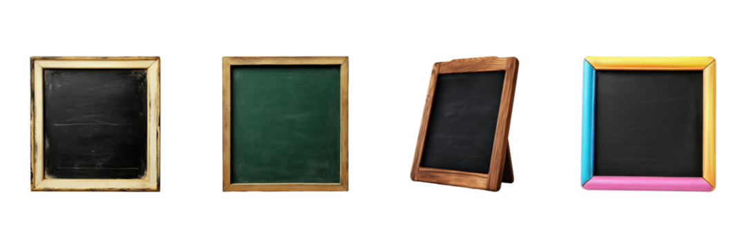 Four Diverse Chalkboards With Wooden Frames. Versatile Educational And Decorative Tools Isolated On Transparent Background