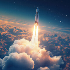 Blastoff into Dreams: Witness a majestic rocket ascending into the vastness of space, leaving behind trails of fire and vapor amidst a sea of clouds, embarking on a journey towards the stars.