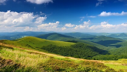Naklejka premium breathtaking view from a mountain peak in bieszczady showcasing rolling hills and lush valleys under a bright blue sky dotted with clouds perfect for outdoor enthusiasts