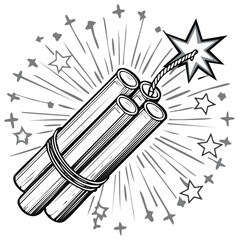 Fototapeta premium Dynamite stick with lit fuse, stars and burst