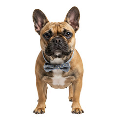 A French Bulldog, elegantly adorned with a bow tie, stares directly at the viewer.