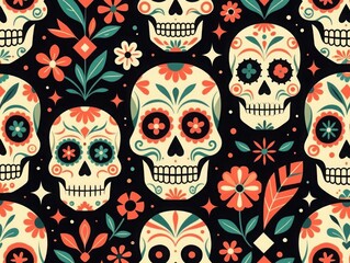 Vibrant sugar skull pattern with flowers and leaves