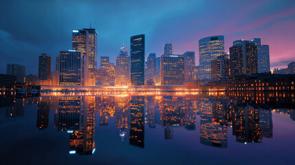 Urban city skyline at dusk with illuminated skyscrapers reflected on calm water. Stunning modern architecture under dramatic clouds