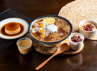 Red Bean Milk Pudding, Peach Gum Mixed Aiyu with lemon and cream, Red Bean Stewed Milk Dessert, Stewed Milk Pudding side view of taiwan food